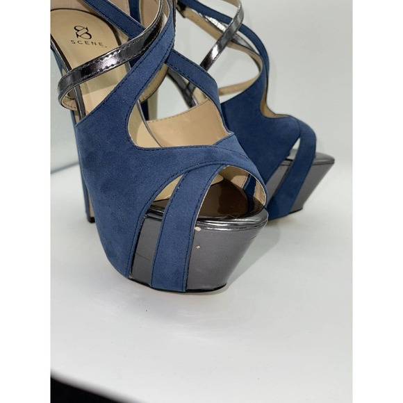 Scene “Marylou” Platform Wedge 5” Heels Blue Suede w/ Silver Accents 7M Open Toe - Picture 6 of 8